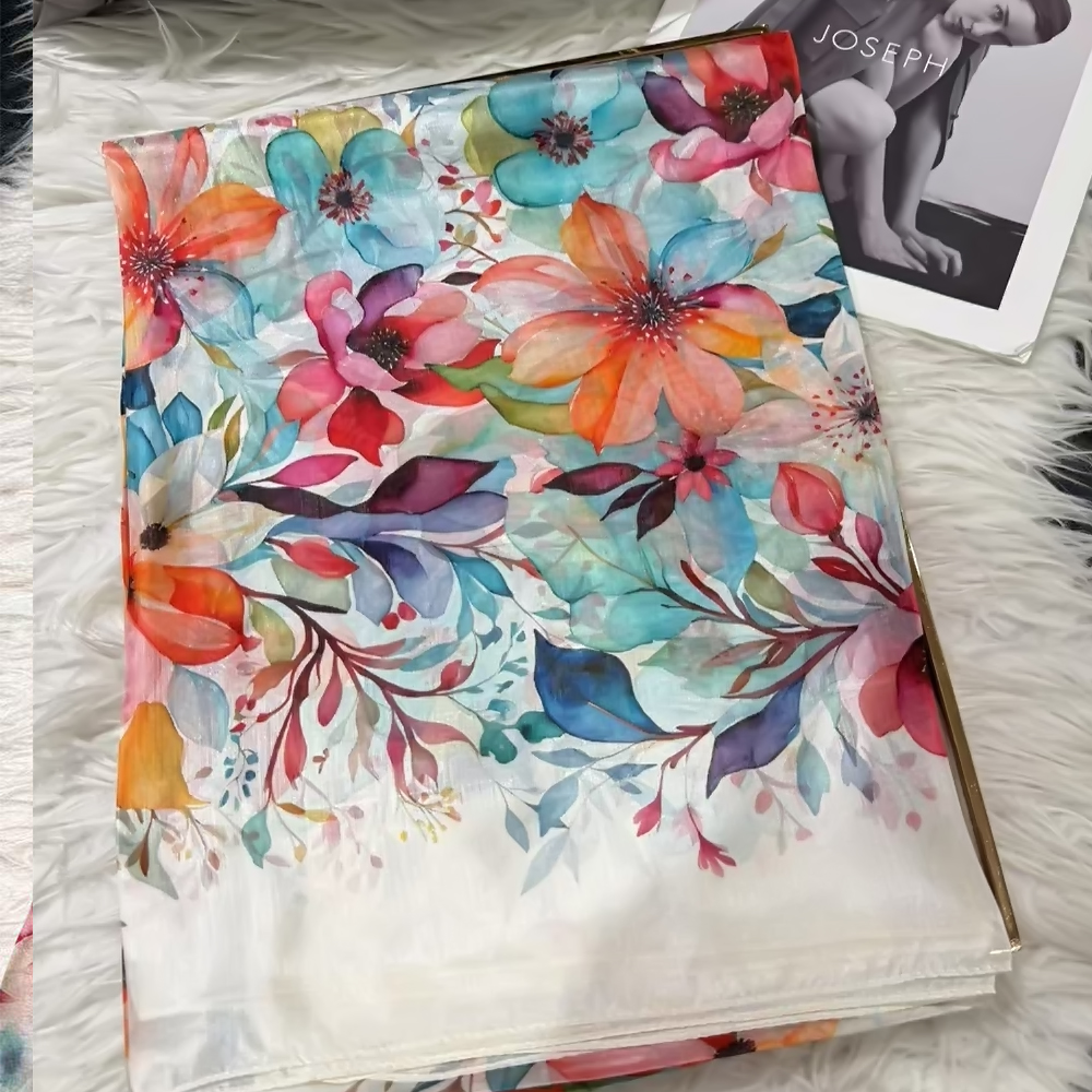 Blanc bleu femmes 100% foulard en soie de mûrier élégant Design Floral longue écharpe en soie Cape été plage soie châle enveloppement Hijab écharpe