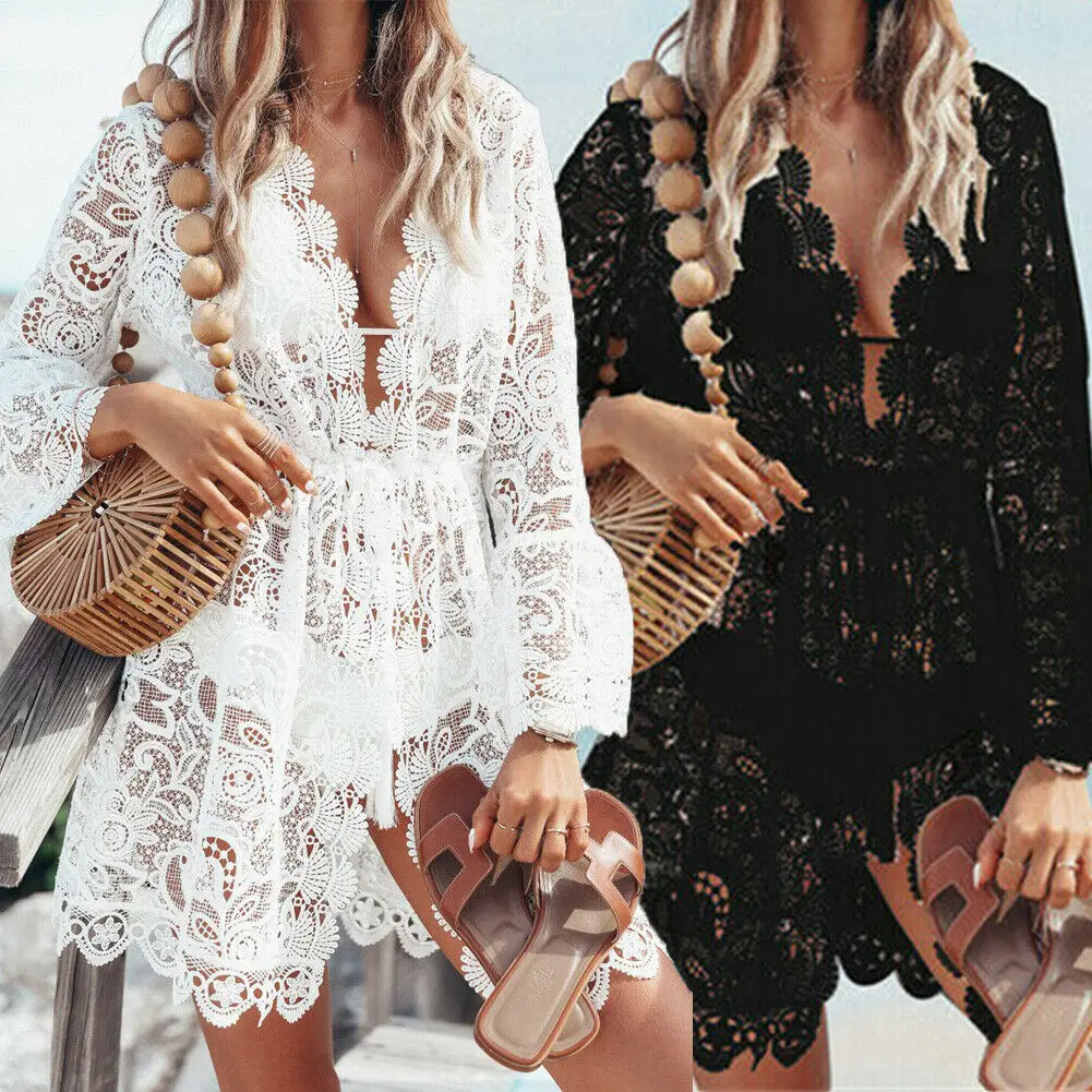 Boho Crochet blanc tricoté col en v festonné garniture dentelle Robe femmes plage Robe d'été tunique Pareos Bikinis couverture Ups Robe vêtements de plage