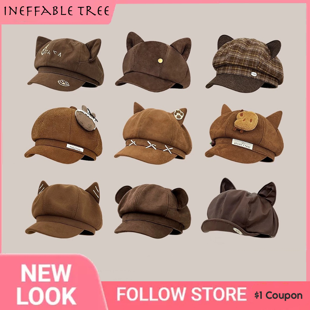 Béret marron rétro Collection, chapeau octogonal à oreilles mignonnes pour femmes, automne hiver, Bonnet d'oreille mignon, Bonnet réglable à la mode