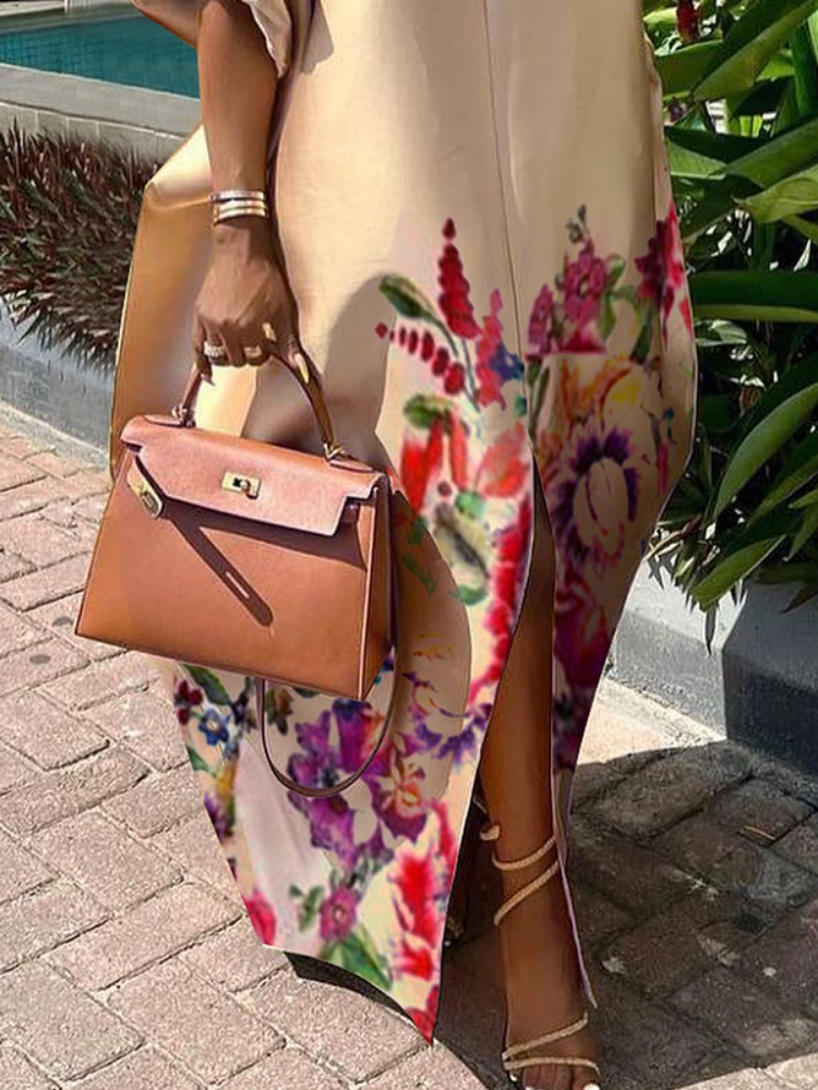 Robe longue décontractée en satin pour femme, imprimé floral, col en V, manches bouffantes, élégante pour soirées et fêtes, collection été 2026