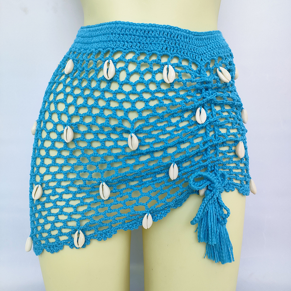 Femmes vêtements de plage maillot de bain cache-maillot Boho été transparent évider pansement taille haute jupe de plage courte jupes en tricot au Crochet
