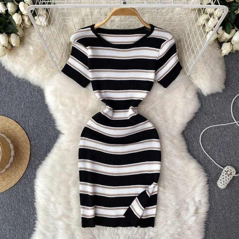 Robe mi-longue patchwork à manches courtes pour femmes, pull taille haute, robe décontractée élastique, robe sexy, vêtements de batterie con