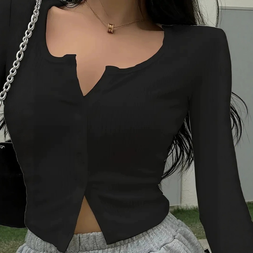 Nouvelle collection automne 2026 – T-shirt coréen uni à manches longues pour femme, coupe ajustée, cardigan boutonné, haut décontracté et basique pour superposition