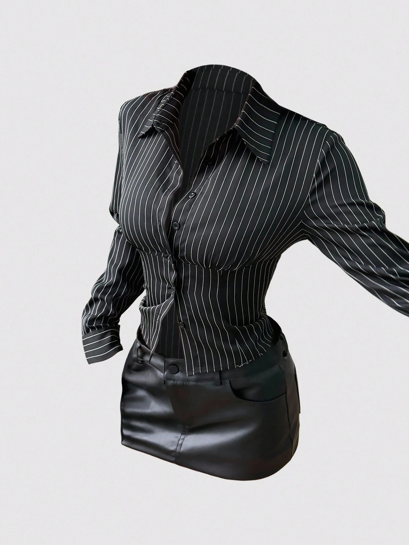 Chemise à manches longues rayée pour femmes, élégante, boutons texturés, taille ajustée, noire, bureau, simple boutonnage, chemise courte, printemps/automne
