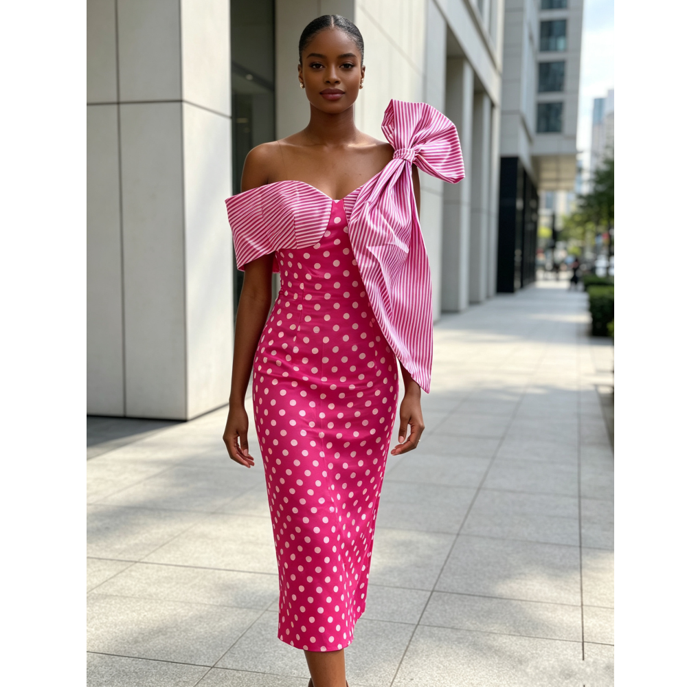 Robe fourreau rose à pois pour femme africaine avec grand nœud, longueur mi-mollet, disponible en plusieurs couleurs