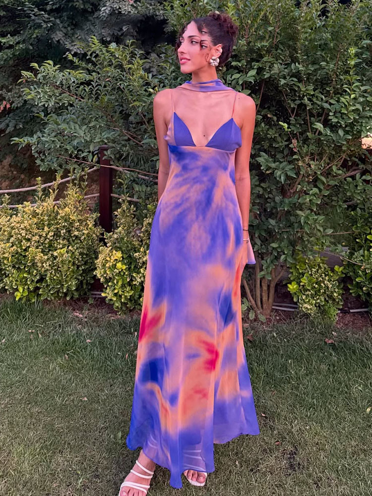 HH femmes mode col en v imprimé longue écharpe sans manches robe mince femme élégante Sexy dos nu fête a-ligne robe à bretelles Mujer