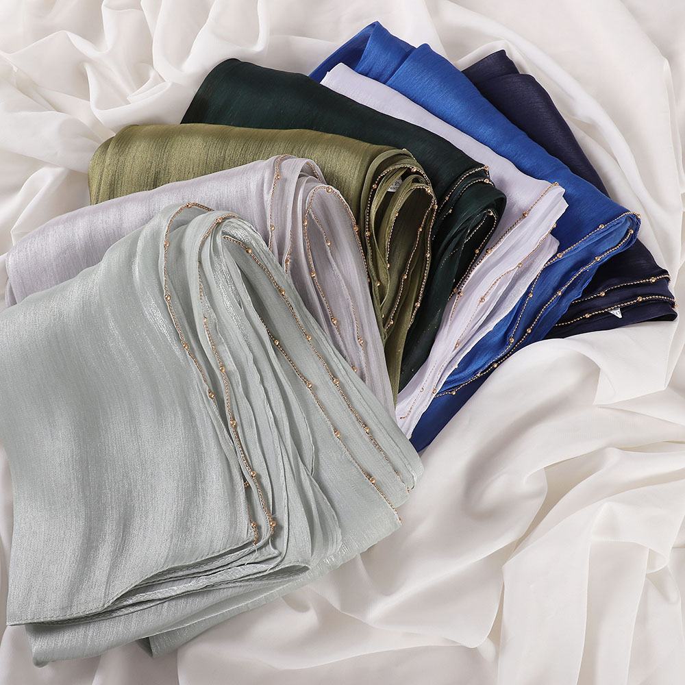 Hijab élégant en perles dorées pour femmes, foulard musulman en satin brillant, couvre-chef islamique modeste pour Ramadan, Eid, hijab turc