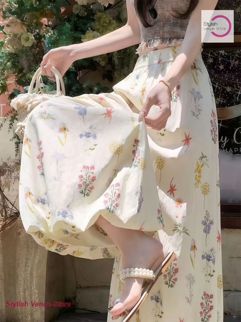 Pantalon coréen à taille haute et coupe lanterne, style floral, pour femme, nouvelle collection printemps-été, décontracté, ample, anti-UV, fluide, à jambes larges.