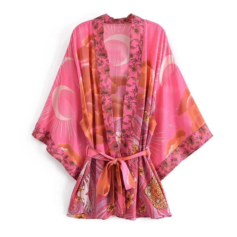 Boho Dinner ens-Robe Kimono pour Femme, Imprimé Floral, Manches Chauve-Souris, Plage, Bohème, Col en V, Rayonne, Coton, Robe Courte