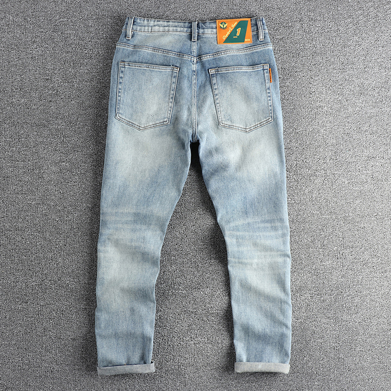 Jean Délavé Bleu Clair pour Homme, Vêtement Blanc au Sol, Marque de Mode Américaine, Petite Jambe Droite, Rétro, Décontracté, pour Jeunes, Nouvelle Collection Printemps