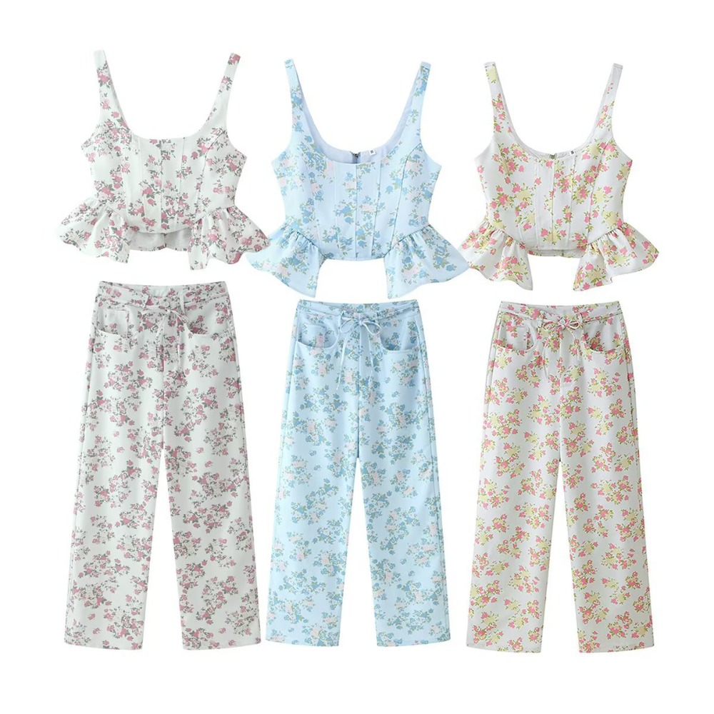 Ensemble pantalon et gilet sans manches pour femme, chic, imprimé floral, avec haut court à volants, décontracté, sexy, pantalon large, tenue d'été