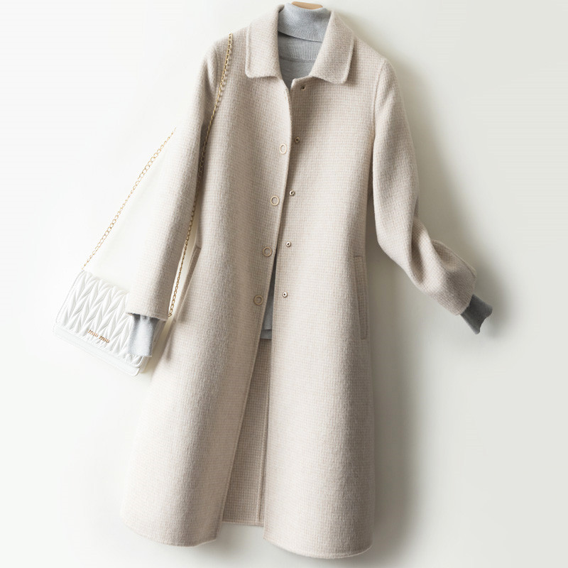 Manteau Long en laine à simple boutonnage pour femme, veste d'hiver en laine, élégant, col rabattu, à carreaux, chaud, nouveauté
