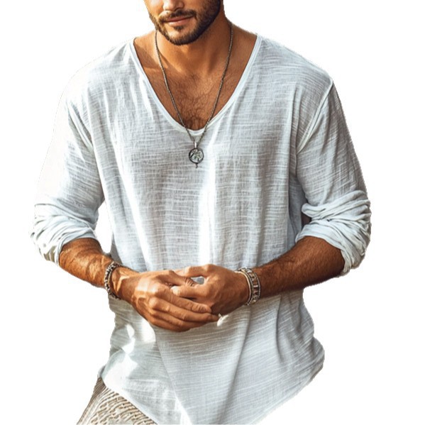 T-shirt Homme 3XL Sexy à Col en V et Ourlet Courbé, Manches Longues, Coupe Ample, Décontracté, Quotidien, Bureau, Plage, Léger, Transparent, Basique