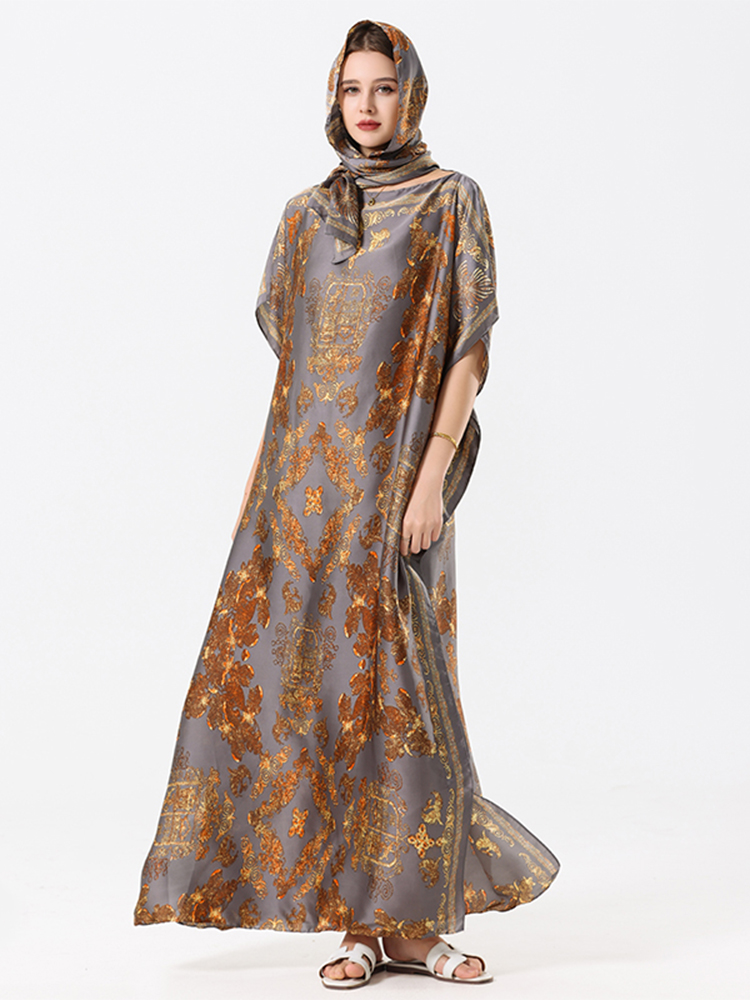 New Malaysian Muslim Print Dress Women Loose Arabic Long Maxi Dress Summer Sunscreen Cool Abaya Beach Hijab Dress Plus Size