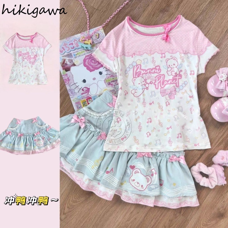 Ensemble jupe douce 2 pièces pour femmes, vêtements tunique à manches courtes, t-shirts avec nœud, ligne a, Mini jupes, tenues Chic d'été mignonnes Y2k