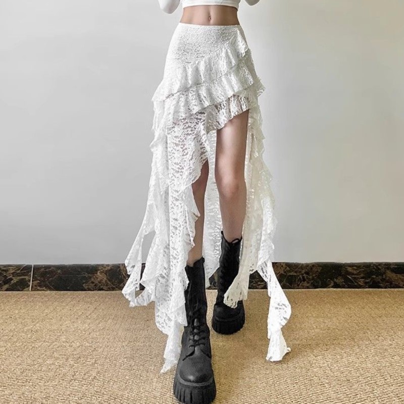 Jupe gothique années 2000, vêtements d'été pour femmes, Gyaru Kpop Streetwear, dentelle, taille haute, décontractée, esthétique, longue jupe, jupe femme, hip hop