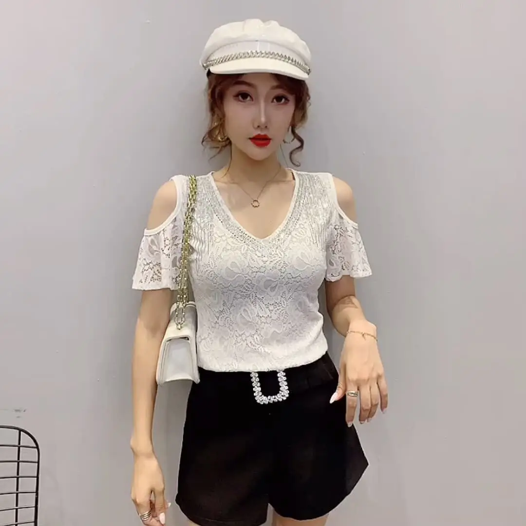 T-shirt à paillettes pour femmes, épaules dénudées, Streetwear coréen, vêtements esthétiques de base, vêtements de vente bon marché, commentaires, vente en gros
