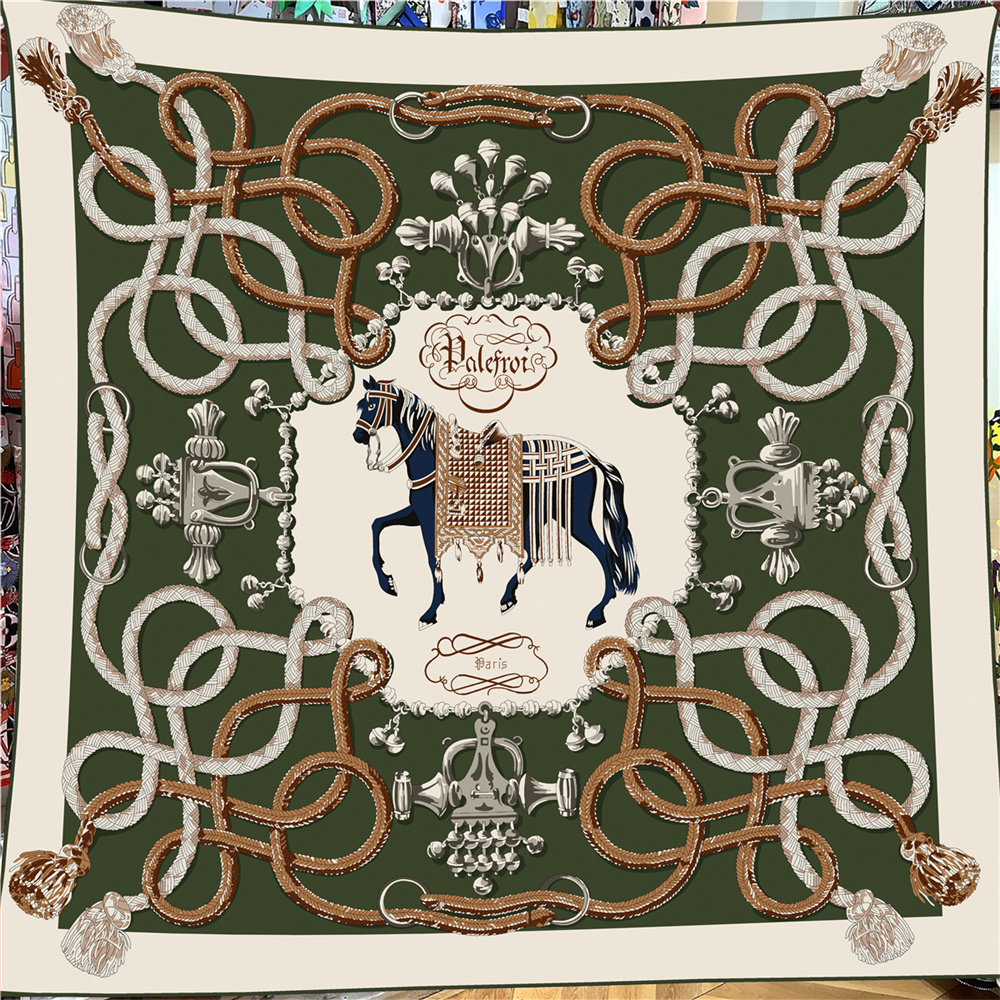 Foulard carré 135 cm en 30 % soie et 70 % cachemire pour femme, imprimé chaînes de chevaux, bords roulés à la main, grands hijabs, bandanas, écharpes et foulards féminins