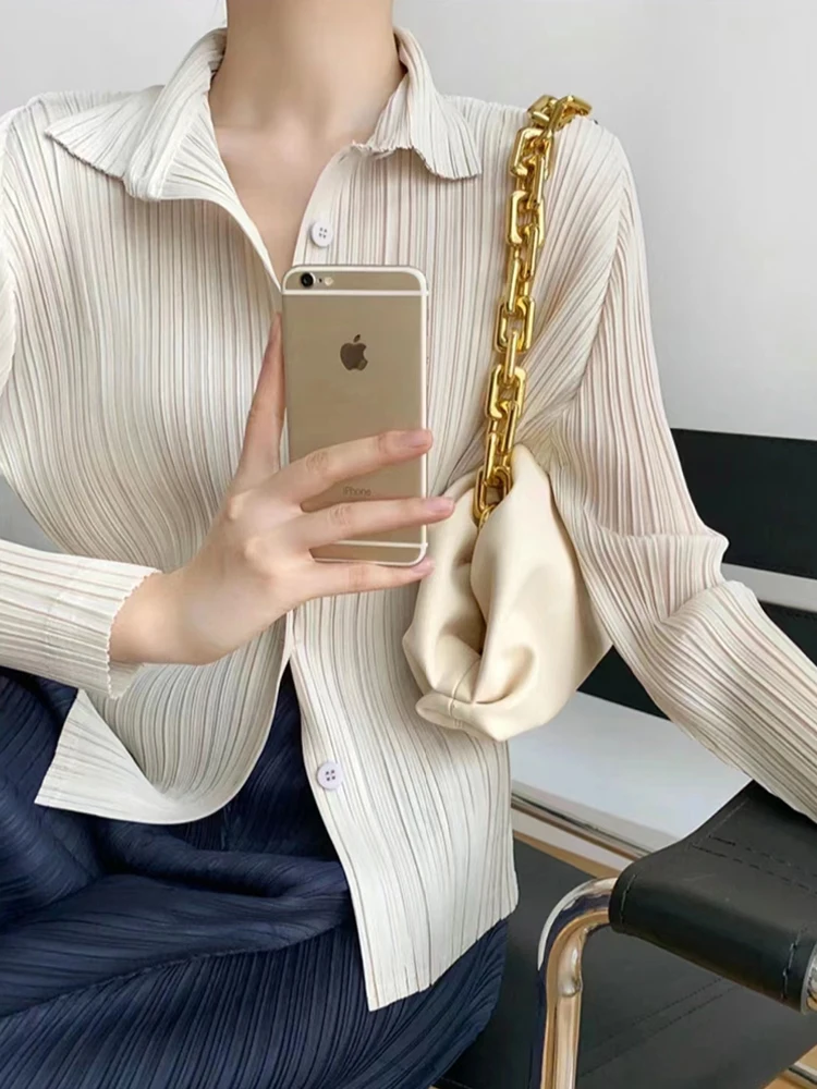 Chemise à manches longues à revers plissé pour femmes, chemise polyvalente décontractée Ata Yake, grande taille, cardigan, automne, nouveau, 2024