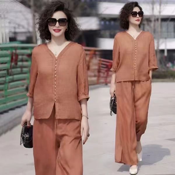 Ensemble Deux Pièces en Coton et Lin pour Femme, Pantalon à Jambes Larges, Col Haut Confortable, Décontracté, à la Mode, Nouvelle Collection Été 2024