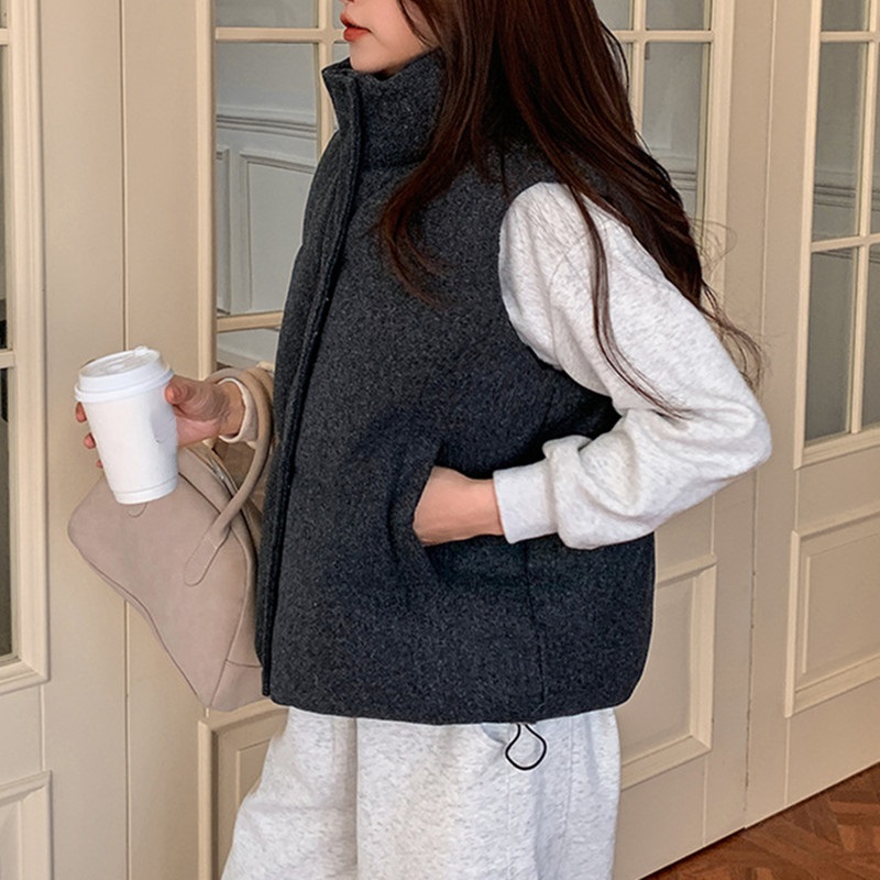 Gilet court en coton pour femme, nouvelle mode coréenne, sans manches, col montant, fermeture éclair, noir et gris, automne hiver