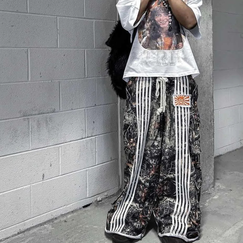 Pantalon rayé à double taille, faux pantalon droit épissé deux pièces, pantalon de sport décontracté style hip-hop, unisexe