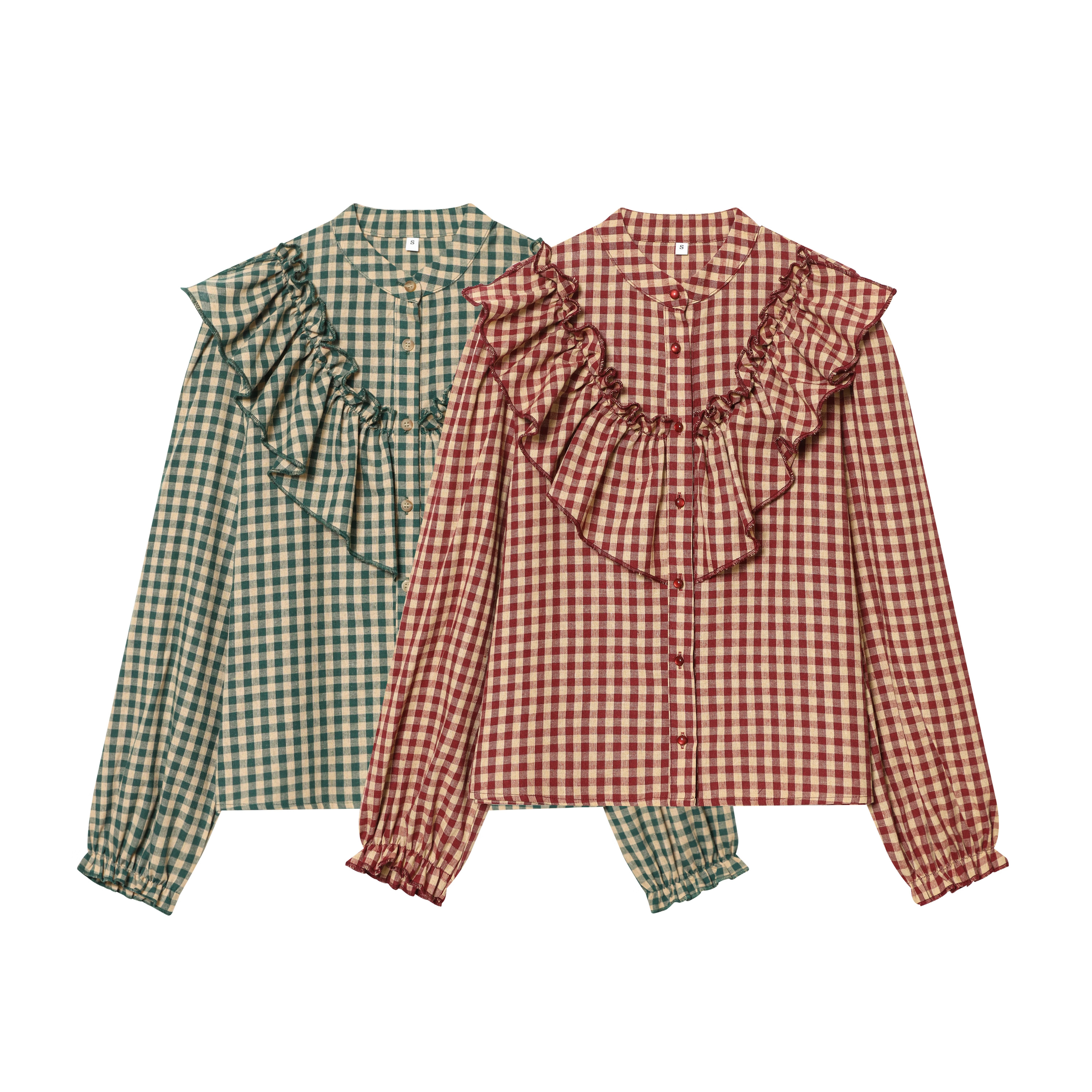 Chemises à carreaux pour femmes, nouvelle collection printemps-automne, chemisier à volants décoratifs, col rond, manches longues, chemises décontractées, chemisiers chics pour femmes