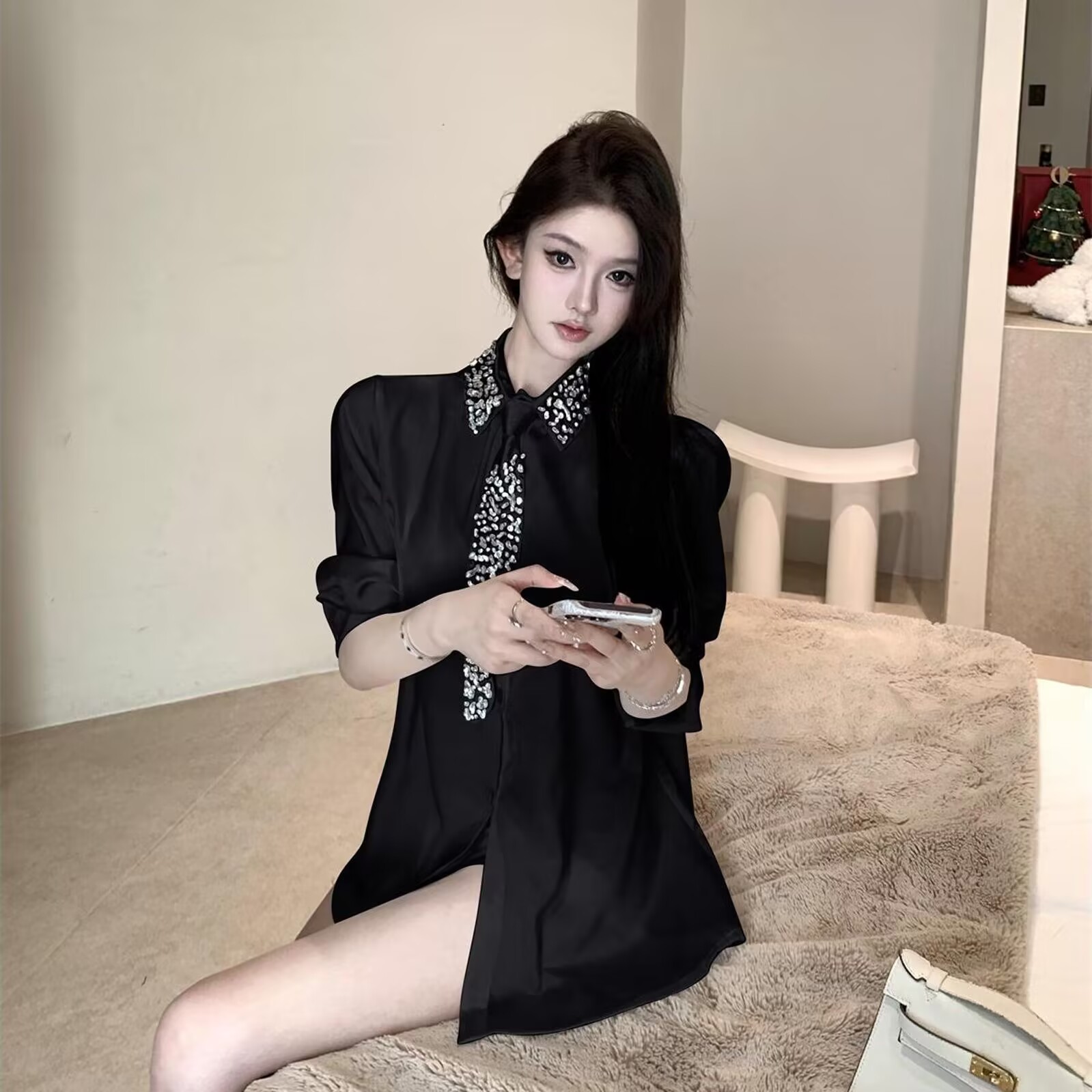 2025 femmes chemise blanche nouveau printemps automne cristal perles avec cravate en mousseline de soie chemise femmes Blouses dames hauts femmes vêtements