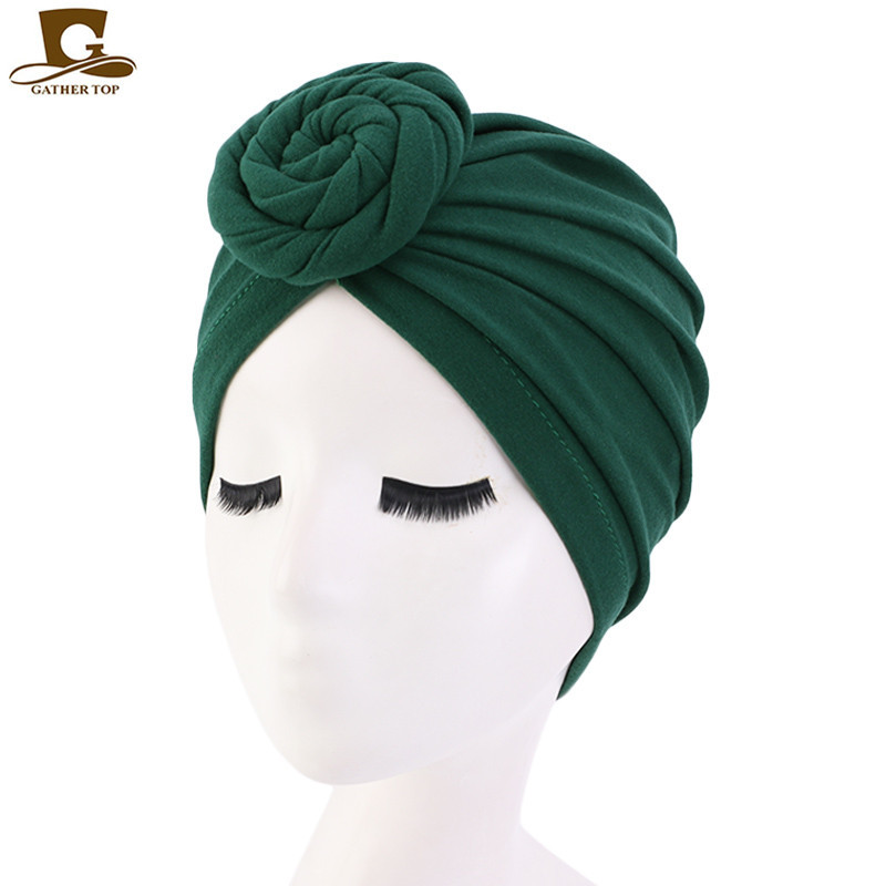 Femmes Turban haut noeud fleur décor bandeau musulman dames couverture de cheveux bonnet coiffe de tête couleur unie inde chapeau accessoires
