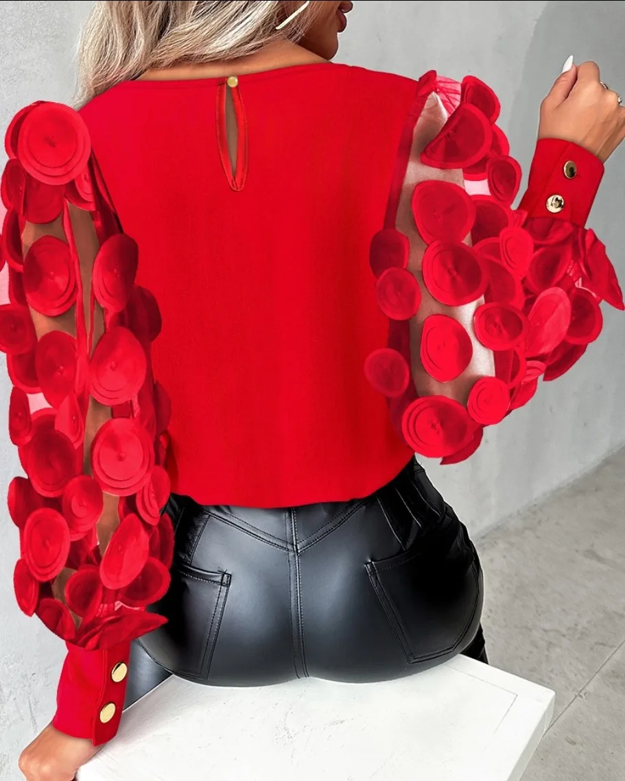 Chemisier Femme 2025 à Manches Longues, Col Rond, Manches en Dentelle à Volants, Tendance Automne-Printemps