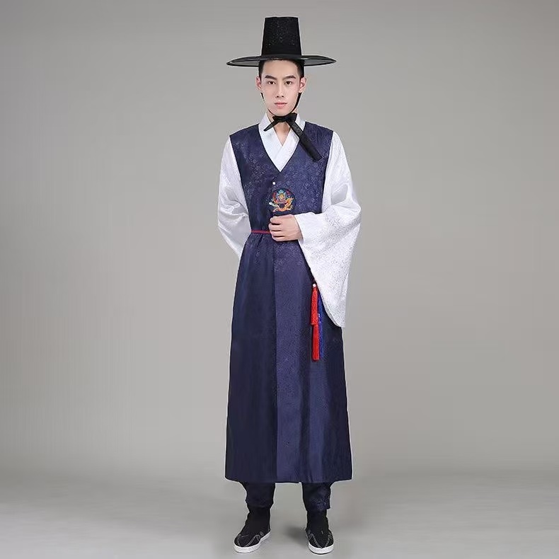 Costume Hanbok traditionnel de Style palais coréen pour hommes, estampage argenté, uniforme de marié de mariage, Robe longue de spectacle sur scène de corée du nord