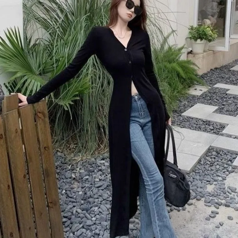 Chemises noires à manches longues et col en V pour femmes, cardigan mince, coupe-vent mi-long, chemisiers minces, streetwear chic, automne, Y-Y2K