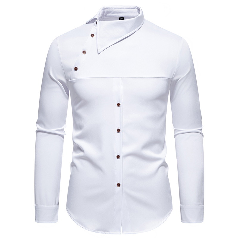 Chemise à col montant pour hommes, bouton oblique de personnalité, chemises provoqué irrégulières pour hommes, manches longues, zones de festival d'affaires, mode
