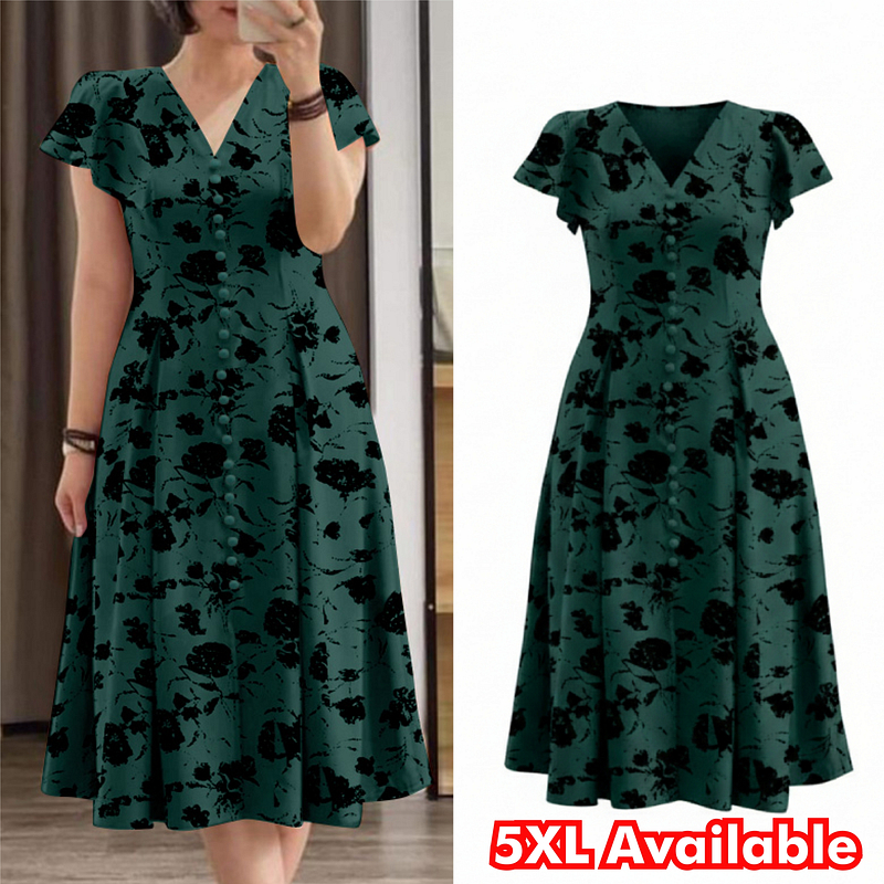 ZANZEA Robe midi élégante à imprimé floral pour femme, grande taille 5XL, col en V, manches courtes, coupe évasée, robe d'été