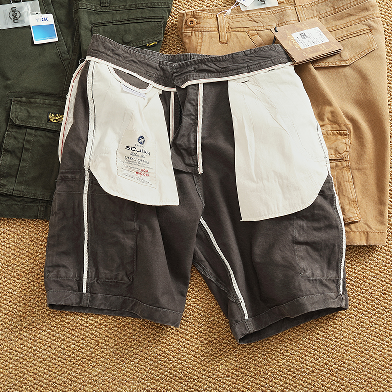 Short Cargo japonais pour hommes, vêtements de travail, en coton épais, multi-poches, utilitaire, Vintage, coupe ample, entrejambe de 5 pouces, été