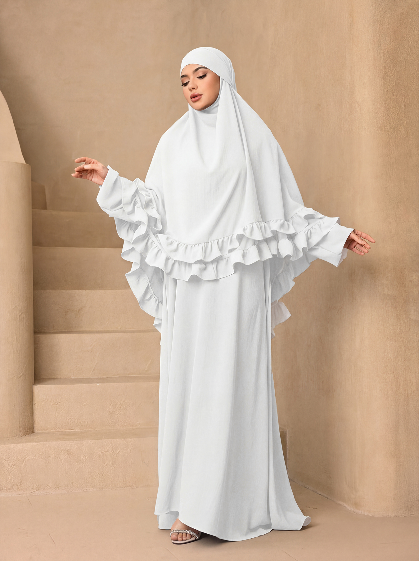 Ensemble élégant deux pièces Khimar Abaya à volants, robe de prière longue et ample avec hijab à volants pour femmes musulmanes, tenue quotidienne pour l'Aïd