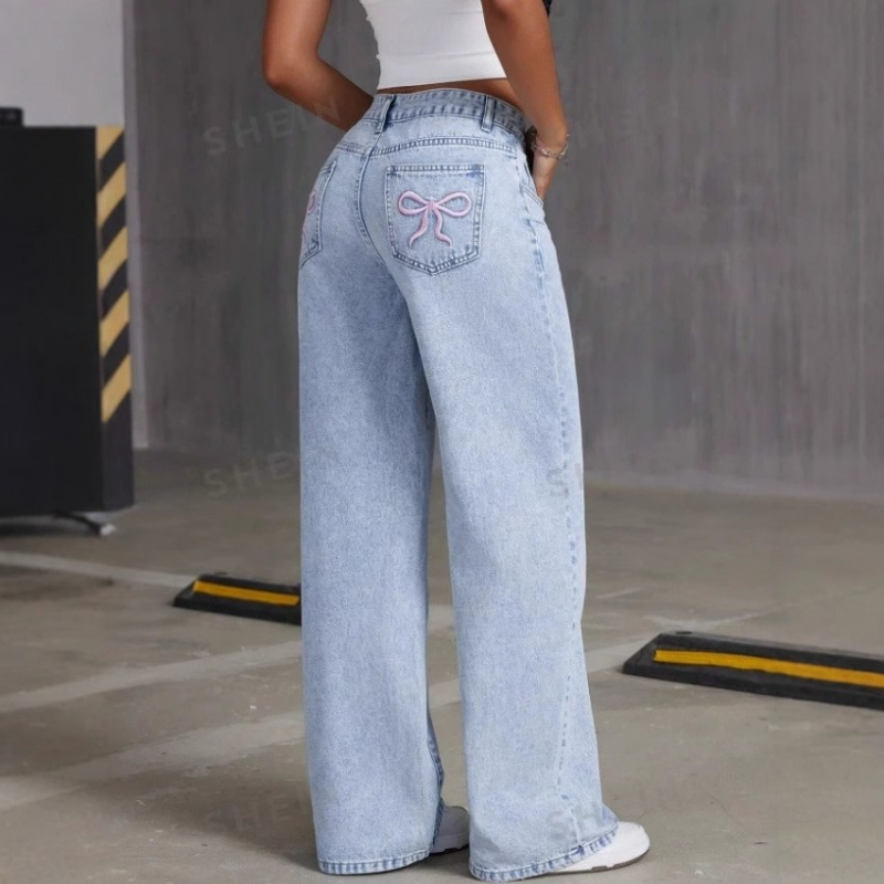 Jeans vintage pour hommes avec broderie nœud, pantalon en denim délavé, coupe ample unisexe style Harajuku, jambe droite, streetwear, mode décontractée, nouvelle tendance