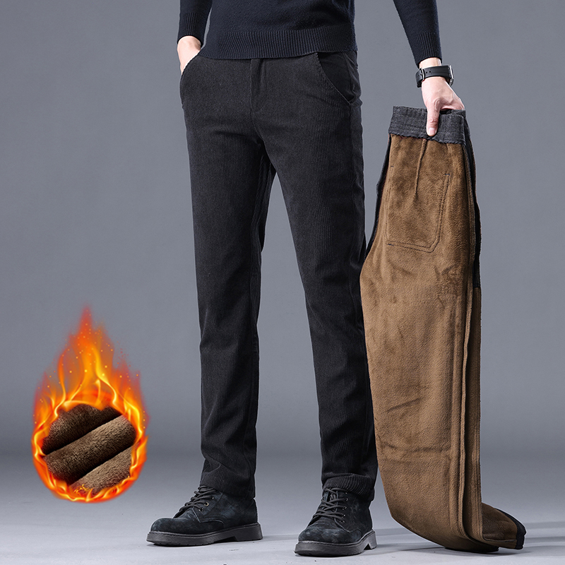 Kaki noir gris polaire hommes velours côtelé pantalons décontractés Chenille épais Stretch pantalon d'affaires taille moyenne marque hiver pantalon thermique