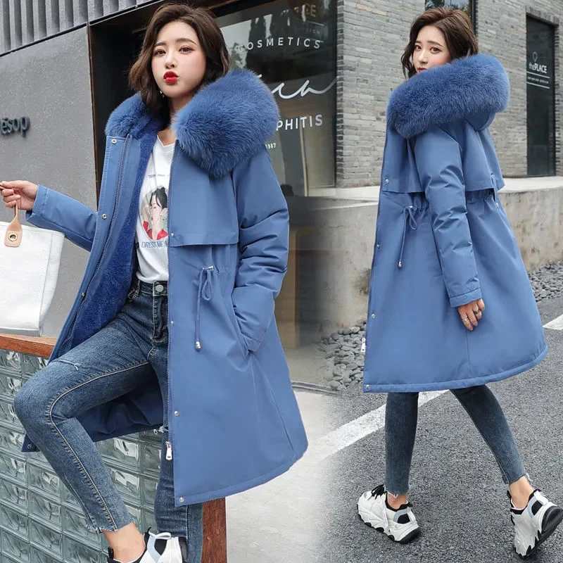 Veste d'hiver 2026, nouvelle parka pour femme, manteau long, doublure en laine, veste à capuche, col en fourrure, épaisse, chaude, vêtements de neige, parka rembourrée 6XL