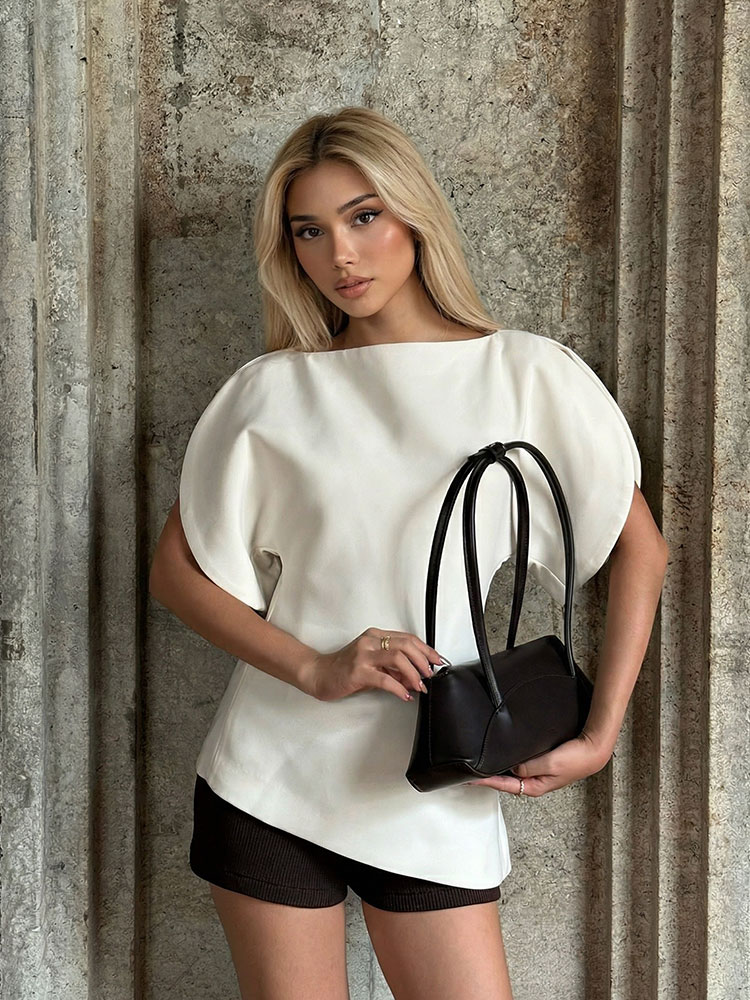 T-shirts décontractés pour femmes HH, chemisier à ourlet asymétrique, chemise à manches bouffantes courtes, élégante, pour femme, été, fête, vacances, hauts blancs