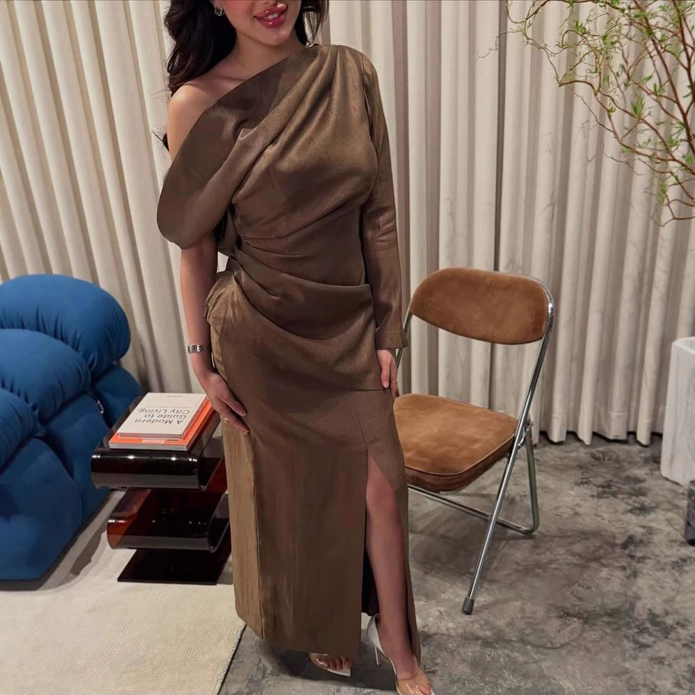 Robe Maxi Chic pour femmes, asymétrique épaule dénudée, drapée, Design fendu, mode élégante, formelle, Cocktail, soirée, robes de dîner