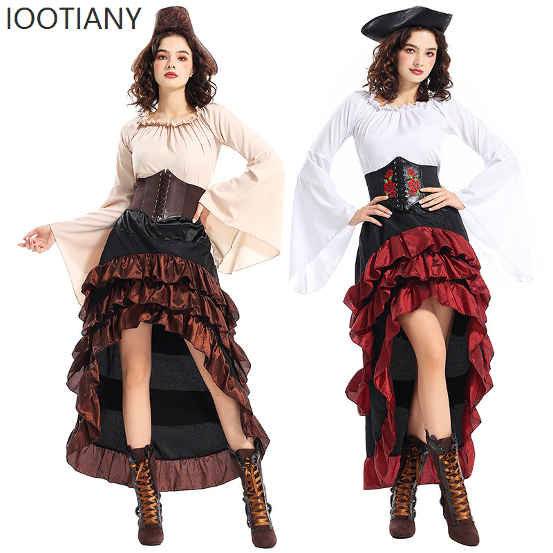 Tenue de Reine Pirate de Style Médiéval, Robe Longue Vintage à Volants et Corset Irrégulier, Parfaite pour le Cosplay de Navigatrice 2026