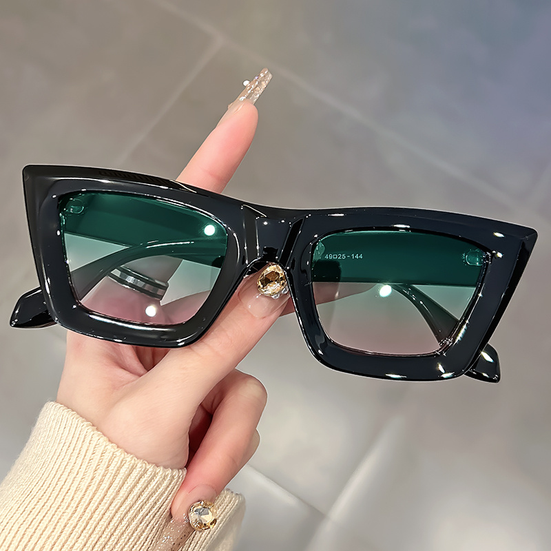 Lunettes élégantes œil de chat avec monture bleu dégradé et transparente, verres PC noirs, charnières métalliques