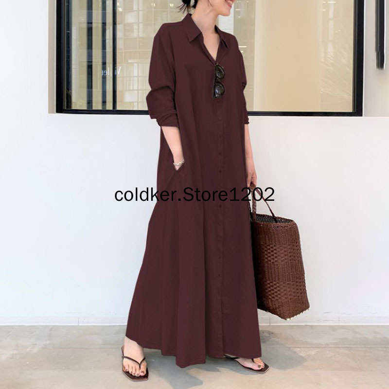Longue robe de plage pour femmes, style Boho, décontractée, Simple, couleur unie, revers, manches longues, poches, soirée, large, Maxi, 2022