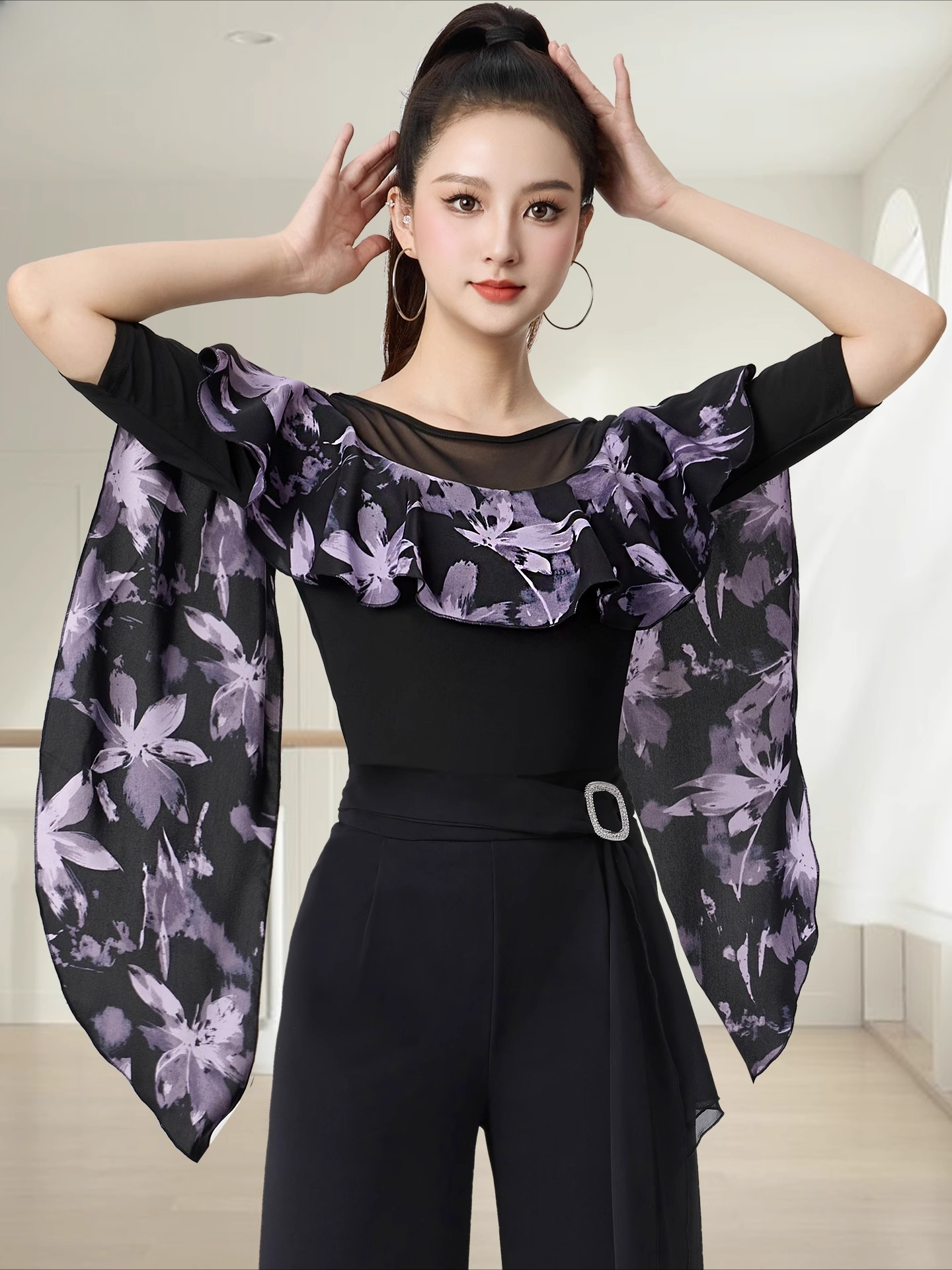 Vêtements de danse pour femmes, hauts d'été imprimés, ligne latine, Costume de danse, nouveaux produits, danse de salle de bal, vêtements d'entraînement pour femmes, noir