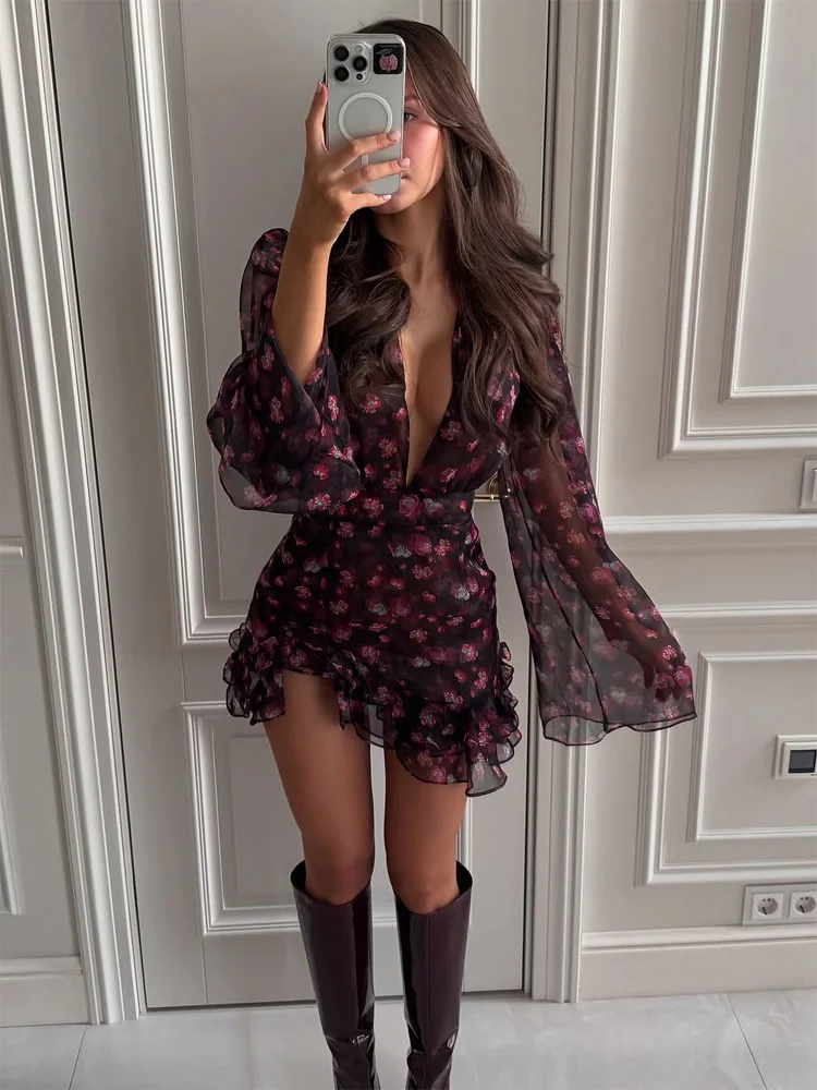 Robe courte élégante à volants peints de fleurs pour femmes, chic, manches longues, col en V profond, robe courte ajustée en A, robe de vacances pour femme 2026
