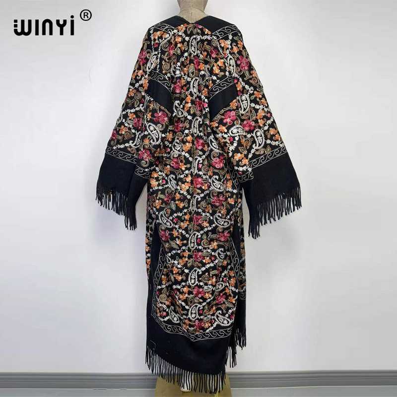 WINYI hiver femmes gland Pashmina broderie Long manteau ample revers robe femme épais chaud taille libre moyen-orient femme KIMONO