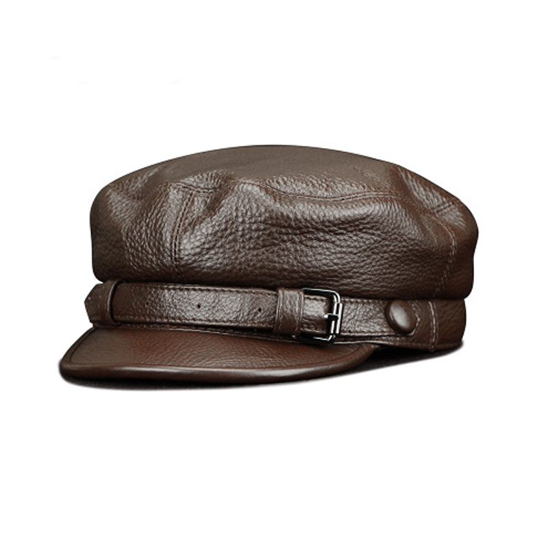 Mode femmes hommes véritable peau de vache militaire chapeau marin chapeaux noir dames béret casquettes plat haut capitaine casquette voyage cadet octogonale chapeau