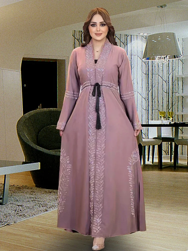 Robe musulmane Eid pour femme, caftan de Dubaï, manches évasées, Abaya Jalabiya, Turquie, fête du Ramadan, Islam, ceinture