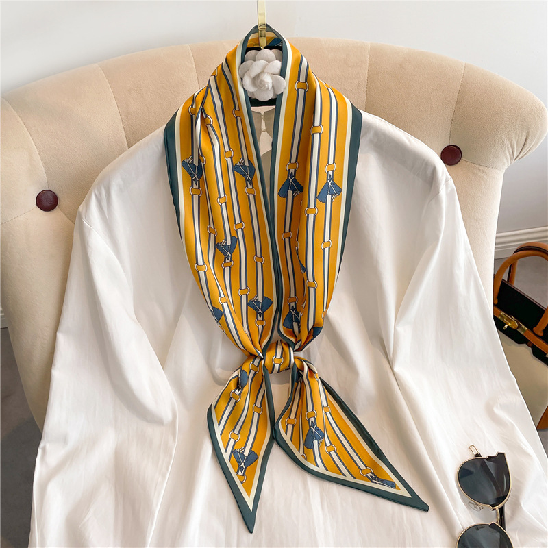 Écharpe longue et étroite de luxe pour femme, motif pied-de-poule, double couche, en fausse soie, pour le printemps et l'été, utilisable comme cravate ou attache pour cheveux